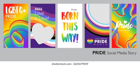 Colorful happy PRIDE month cover page set with abstract 3D progress pride rainbow for or prints, web ads and social event story. Vector illustration for Pride.