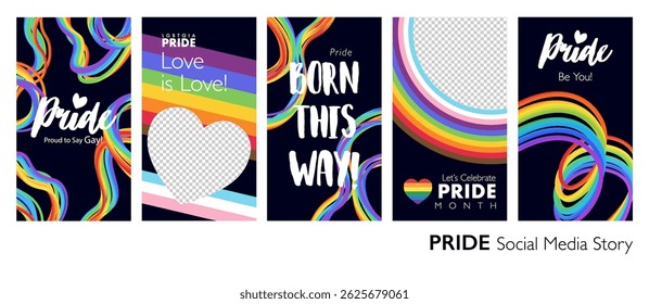 Colorful happy PRIDE month cover page set with abstract 3D progress pride rainbow for or prints, web ads and social event story. Vector illustration for Pride.