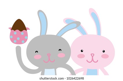 colorful happy rabbit couple together with egg easter