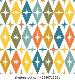 Colorful happy retro seamless pattern with diamonds and stars on white background