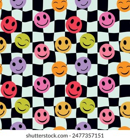 Colorful Happy smile Faces on black warped checkerboards seamless pattern. For fabric, stationary, textile and wrapping paper 