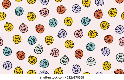 Colorful happy smileys cute face seamless pattern with hand drawn cartoon style. Modern trendy flat design illustration for kids, background, wallpaper, textile, giftware, book.