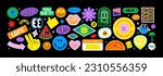 Colorful happy smiling face label shape set. Collection of trendy retro sticker cartoon shapes. Funny comic character art and quote sign patch bundle.