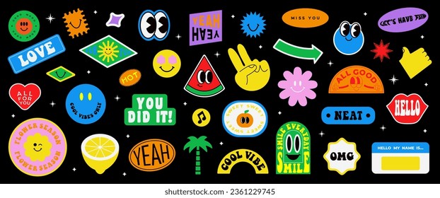 Colorful happy smiling face label shape set. Collection of trendy retro sticker cartoon shapes. Funny comic character art and quote patch bundle. Modern slang word, catchphrase sign, text slogan