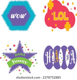 Colorful happy smiling face label shape set. Collection of trendy retro sticker cartoon shapes. Funny comic character art and quote sign patch bundle. Vector graphic illustration