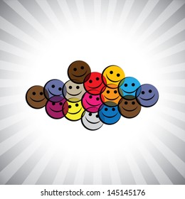 colorful happy smiling kids (children) faces- simple vector graphic. This illustration can also represent play school being merry & having fun, school kids play time, happy people laughing in joy, etc