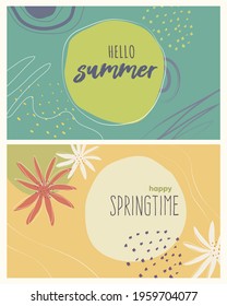 Colorful happy spring time background and hello summer background. Flat and lined style with nature, geometric and other abstract elements in hand drawn style. Suitable for landing pages, banners, ads