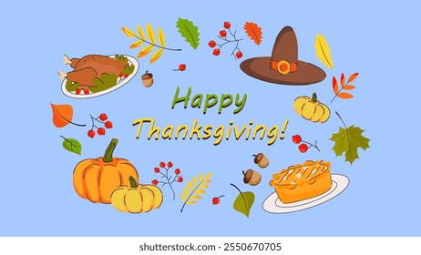 colorful happy thanksgiving banner with elements of turkey, hat, pumpkin, apple pie and autumn leaves