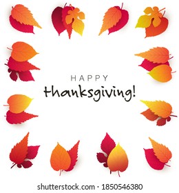 Colorful Happy Thanksgiving Card Layout, Advertising Design Template with Fallen Autumn Leaves