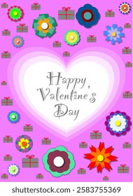 Colorful happy Valentine's Day card with flowers, presents and heart shapes against pink background. Illustration made February 10th, 2025, Zurich, Switzerland.