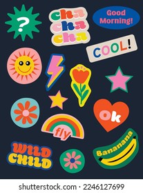 colorful happy vector stickers set for a planner or fashion prints. vintage style art.