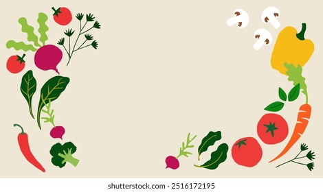 Ilustração de legumes coloridos e felizes com espaço para texto. Ilustração vetorial, perfeita para impressão ou digital.