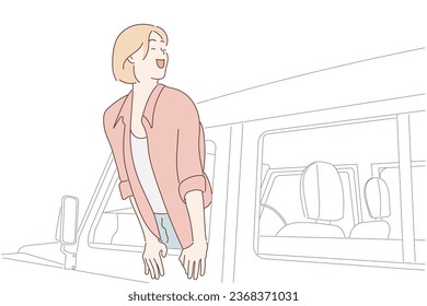 Colorful happy woman looking out of the window's car isolated on white background, Hand drawn style outline illustration vector.