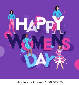 Colorful Happy Women's Day Text with Hydrosexual Sign and Faceless Young Girls Character on Purple Background.