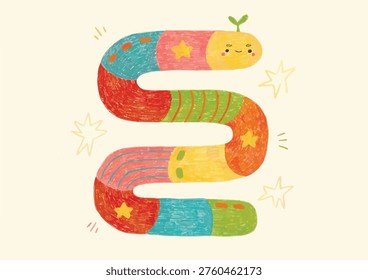 Colorful, happy worm with star patterns and a tiny sprout on its head. Worm smiles cheerfully, surrounded by glowing stars. Hand-drawn, textured style gives whimsical, cozy feel