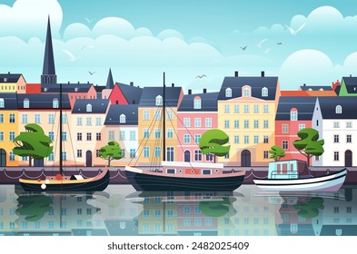 Colorful harbor scene with boats docked along a waterfront in front of vibrant buildings and trees under a blue sky with clouds and birds flying