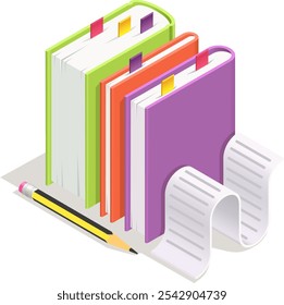 Colorful hardcover books with bookmarks, pencil and long paper receipt are standing on white surface in isometric projection, representing concept of studying, learning, education or knowledge