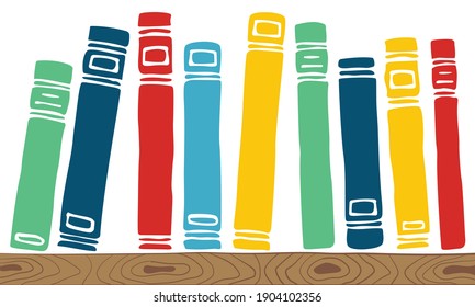 Colorful hardcover books on a wooden bookshelf