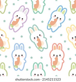 colorful hare, white cute bunny on a clean, white background with blue stars, kids seamless woodland animals pattern, scandinavian fabric and textile baby print