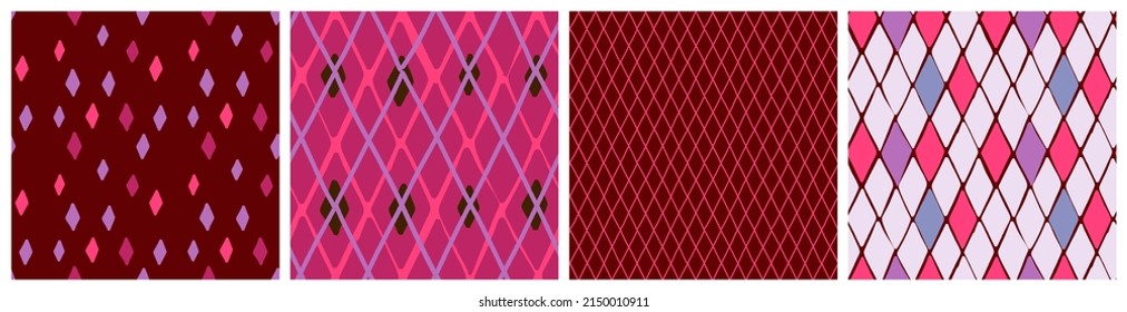 Colorful harlequin, rhombus, diamond fun seamless pattern set in pink, lilac and mahogany colors. Eye catching circus inspired background design for fashion fabric, kids clothing. 