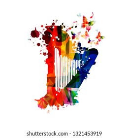 Colorful harp with music notes isolated vector illustration design. Music background. Music instrument poster with music notes, festival poster, live concert events, party flyer