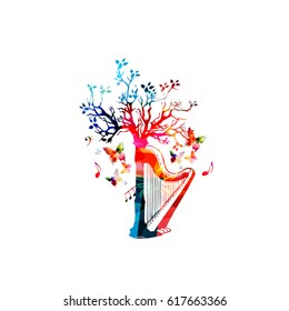 Colorful harp with treetop and music notes isolated vector illustration. Music instrument background for poster, brochure, banner, flyer, concert, music festival