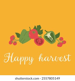 Colorful harvest vegetables on yellow background with happy harvest text.