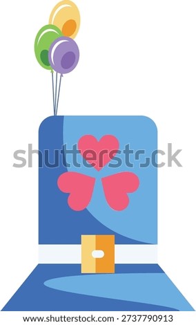 A colorful hat adorned with a heart and several floating balloons