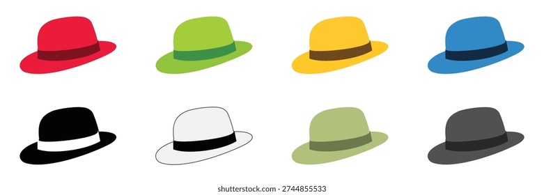 Colorful Hat Icons Set Vector Illustration – Flat Design Fedora, Top Hat and Cowboy Hat Collection for Fashion and Apparel 
Branding