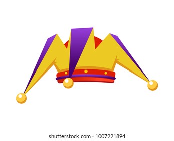 Colorful hat jester with bells on white background for holiday of Mardi Gras. Joker costume element. Funny carnival cap