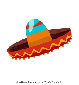 A colorful hat with a red band and a blue stripe. The hat is on a white background