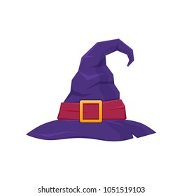 Colorful hat of witch or wizard. Attire for holiday Halloween, parties, children's parties, birthdays, magical accessory. Mystical hat, item for game user interface, web games. Illustration isolated.