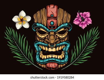 Colorful hawaiian elements vintage concept with tribal tiki mask plumeria and hibiscus flowers and palm leaves isolated vector illustration