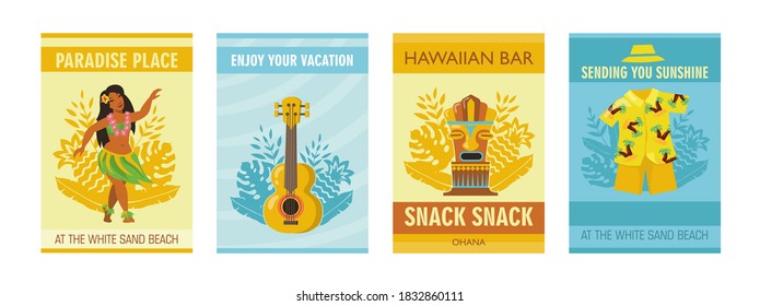 Colorful Hawaiian posters with traditional symbols vector illustration. Vivid graphic elements for Hawaii, summer vacation and island concept. Template for promotional poster or flyer