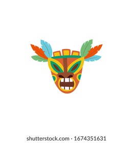 Colorful Hawaiian Tiki mask with angry expression and feather ornaments isolated on white background - tribal totem head sculpture. Flat vector illustration.