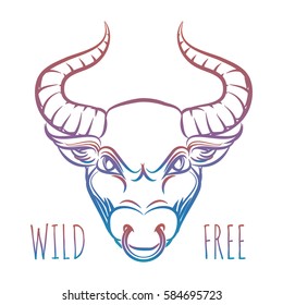 Colorful head of bull and lettering wild free isolated on white. Vector illustration