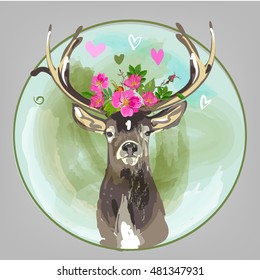 colorful head of deer with flowers