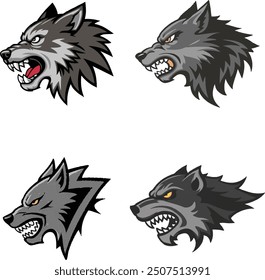 Cabeza colorida de un lobo malvado como una etiqueta engomada. Conjunto de Vector de logotipos sobre fondo transparente