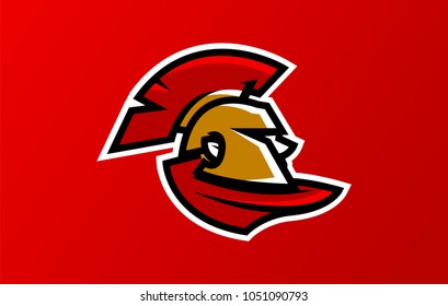 Colorful head logo of the Spartan warrior, Corinthian helmet, Greek soldier, hoplite. Identity sports club, vector illustration.