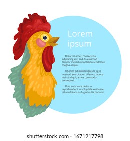 Colorful head of rooster crowing in the morning. Design for banner or poster. Poultry farming. Cartoon animal character. Vector illustration isolated on white background