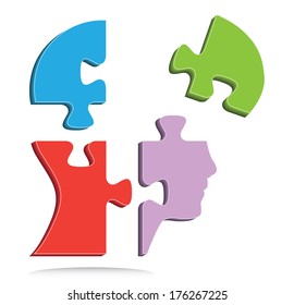Colorful head shaped puzzle pieces, abstract vector design.