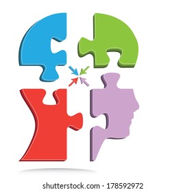Colorful head shaped puzzle pieces with arrows, creative think different concept vector.