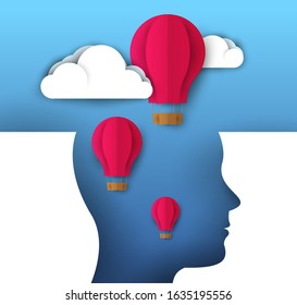 Colorful head silhouette with flying red balloons and white clouds. Abstract bright creative concept in minimalistic flat style. Vector illustration.