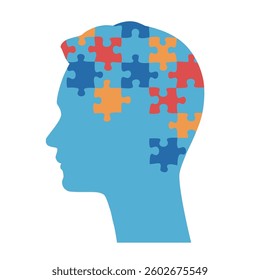 Colorful man´s head silhouette vector with a brain portraied as puzzle pieces symbolizing mental health awareness.