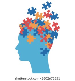 Colorful man´s head silhouette vector with puzzle pieces scattering from head symbolizing mental health awareness.
