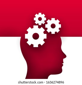 Colorful head silhouette with white cartoon gears. Abstract bright creative concept in minimalistic flat style. Vector illustration.