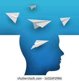 Colorful head silhouette with white paper airplane. Abstract bright creative concept in minimalistic flat style. Vector illustration.