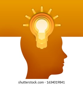 Colorful head silhouette with yellow light bulb. Abstract bright creative concept in minimalistic flat style. Vector illustration.