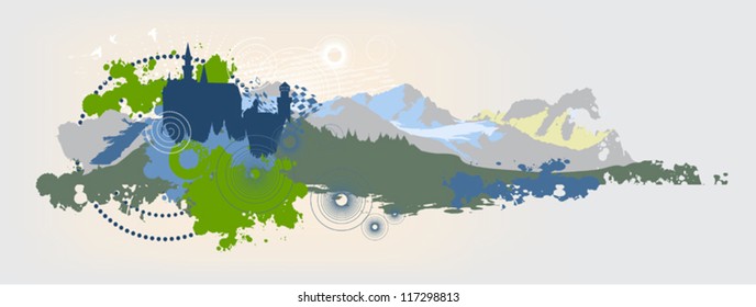 colorful header for a site with a picture of the mountains and the palace