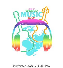 A colorful headphone with earth, guitar, violin and bold text on white background to commemorate World Day of Music on June 21